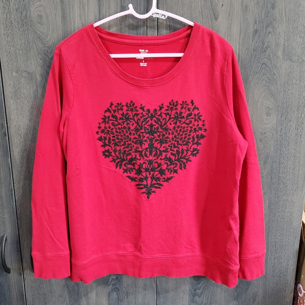 Style & Co. The Essential Sweatshirt Red Beaded Heart Valentine Size L